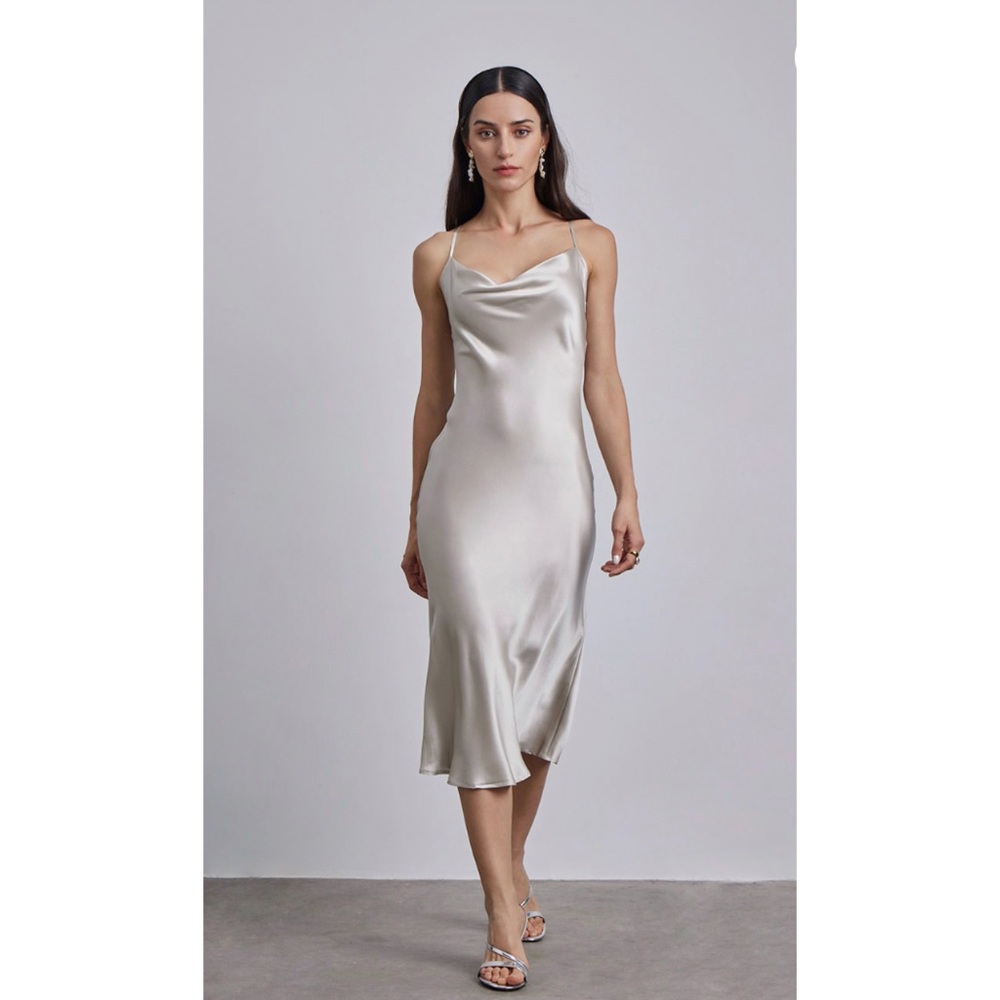 Express Metallic Cowl Neck Cross Back Midi Slip Dress